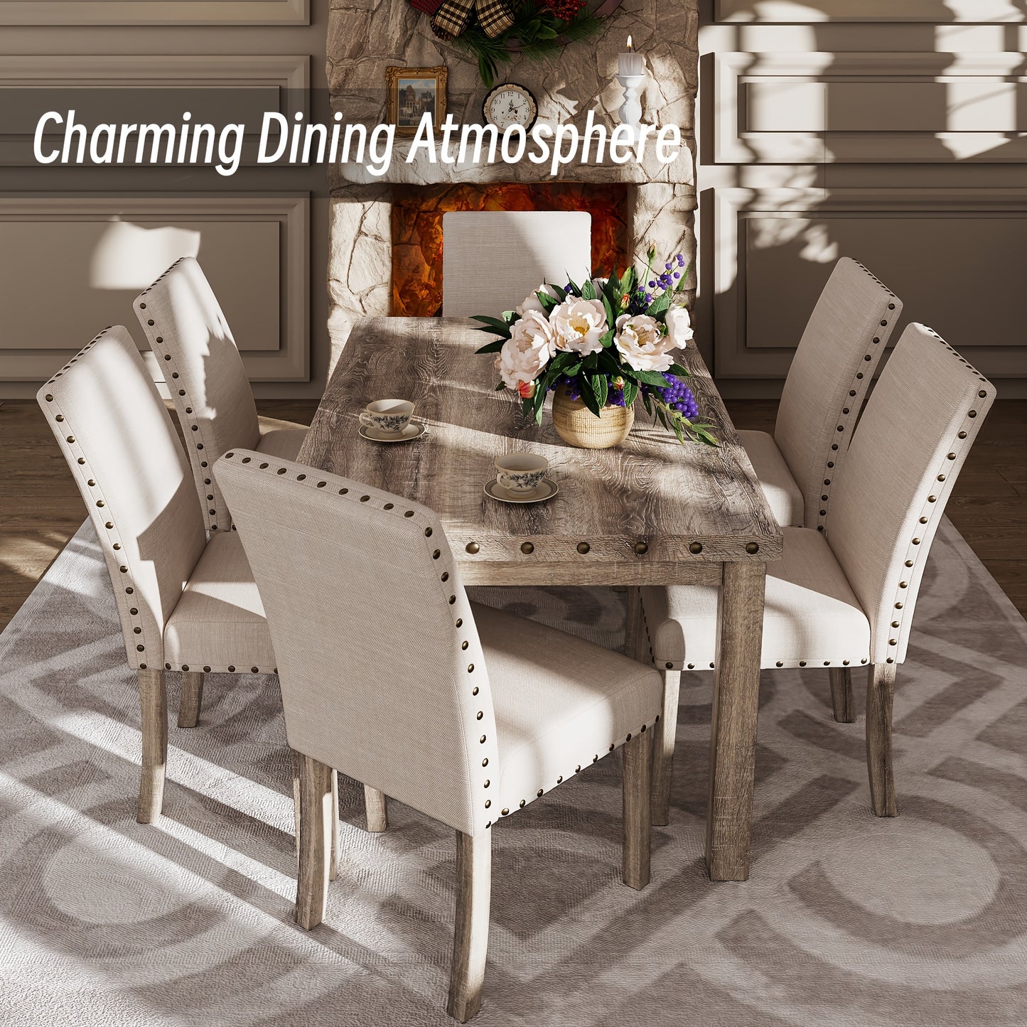 Morden Fort Rustic Dining Table Set, Farmhouse Kitchen Dining Chairs, Charming 60" Rectangular Wooden Table& Upholstered Chair With Nailhead Accents For Dining Hub, Breakfast Nook