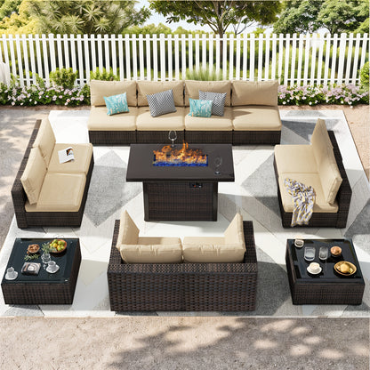 Outdoor Patio Furniture Set with Fire Pit Table, 13pcs Outdoor Furniture Set Patio Sectional Sofa W/42in Propane Fire Pit, PE Wicker Rattan Patio Conversation Sets