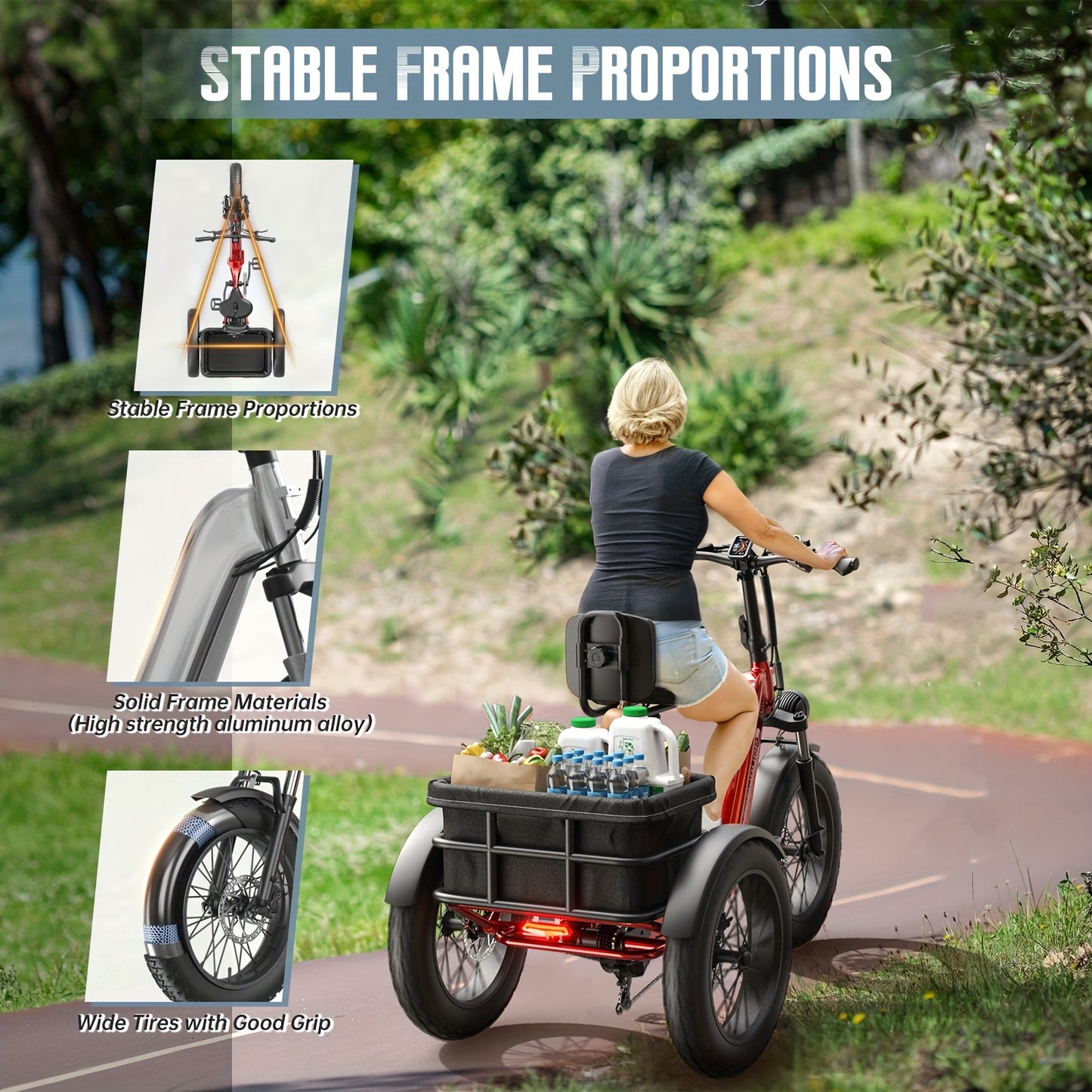 Dual Battery Electric Tricycle with 110-Mile High Range, Rear High-power Brushless Motor, 48V/15Ah&18Ah Removable Battery, 500lb Load Capacity, 20'' Tires And Large Basket, Suitable for Fishing/traveling, Essential for Elderly Travel(Husky Plus)