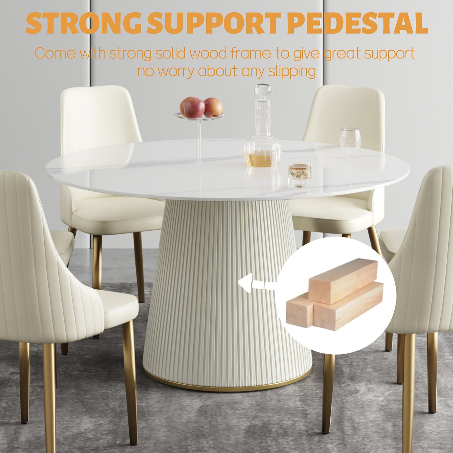 53" Circular Dining Table Suitable for 6-8 People (Table Only, Chairs Not Included), Perfect for Dining Rooms Or Kitchens, Featuring a Glossy Sintered Stone Top And a Beige Solid Wood Base, Ideal for Restaurants As Well