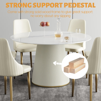 53" Circular Dining Table Suitable for 6-8 People (Table Only, Chairs Not Included), Perfect for Dining Rooms Or Kitchens, Featuring a Glossy Sintered Stone Top And a Beige Solid Wood Base, Ideal for Restaurants As Well