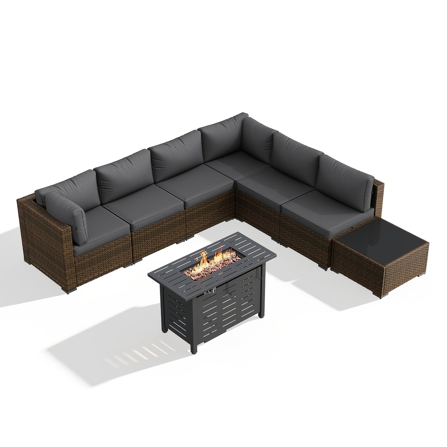 PATIOFIT 8/12/15pcs Outdoor Patio Furniture Set with 40in Fire Pit Table Wicker Rattan Sectional Sofa with Thick Cushions, Coffee Table & Waterproof Cover, Beige Cushions