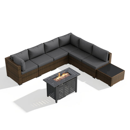 PATIOFIT 8/12/15pcs Outdoor Patio Furniture Set with 40in Fire Pit Table Wicker Rattan Sectional Sofa with Thick Cushions, Coffee Table & Waterproof Cover, Beige Cushions