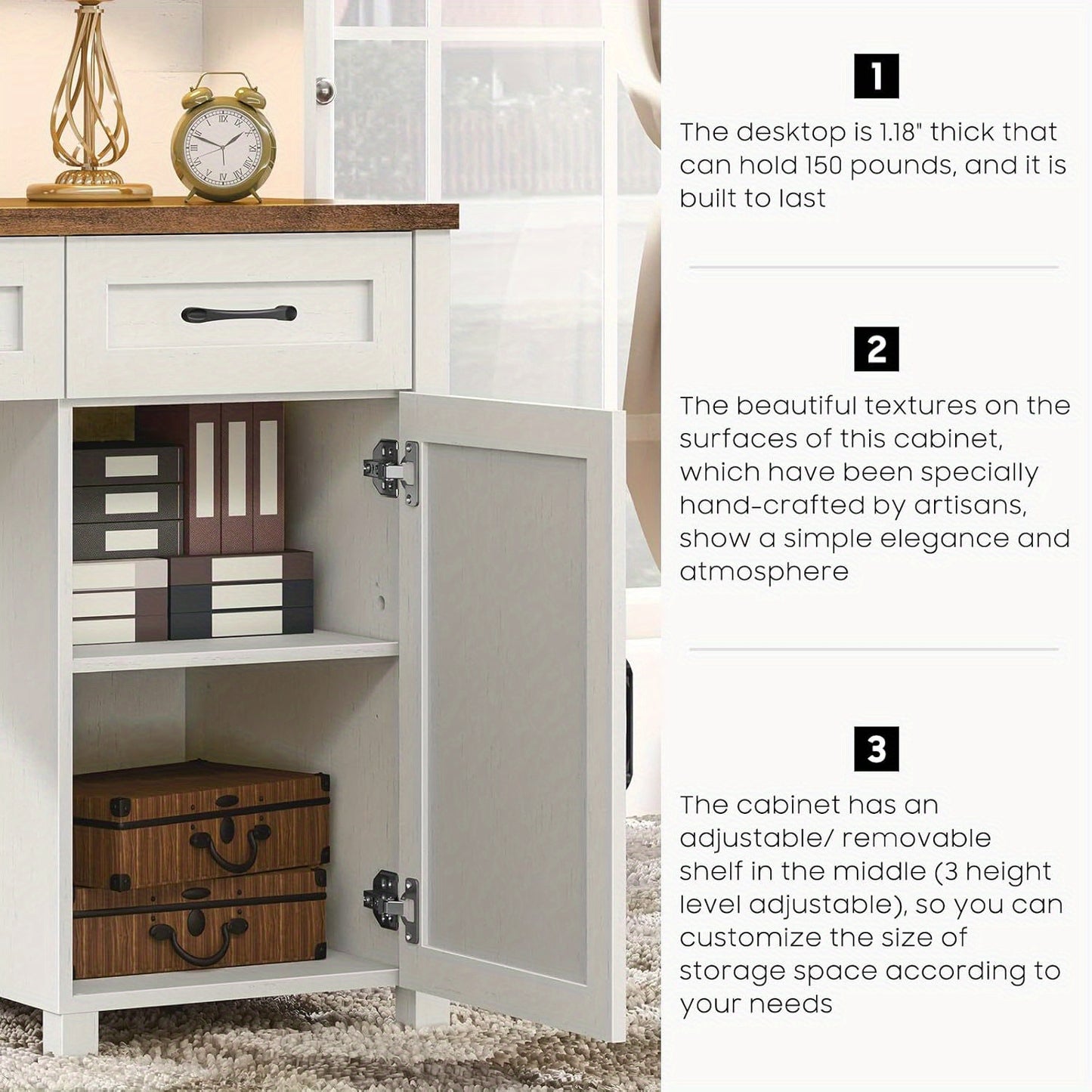 67''H Executive Desk with Storage Cabinet & 5 Drawers Wooden Office Table Computer Desk with Charging Station & Sliding Barn Doors Modern Workspace Office Desk for Home Office & Study, White