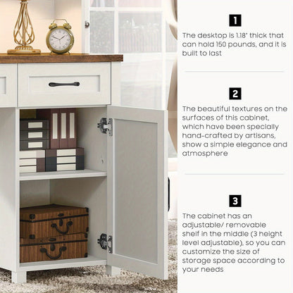 67''H Executive Desk with Storage Cabinet & 5 Drawers Wooden Office Table Computer Desk with Charging Station & Sliding Barn Doors Modern Workspace Office Desk for Home Office & Study, White