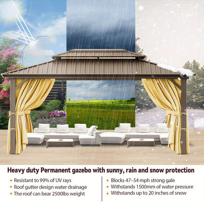 10x15ft Heavy-duty hard-roofed pavilions, outdoor pavilions for patios and backyards, heavy-duty pavilions with aluminum frames, pavilions with galvanized steel double roofs, flame-retardant curtains and mesh, thicken frames, sturdy and durable