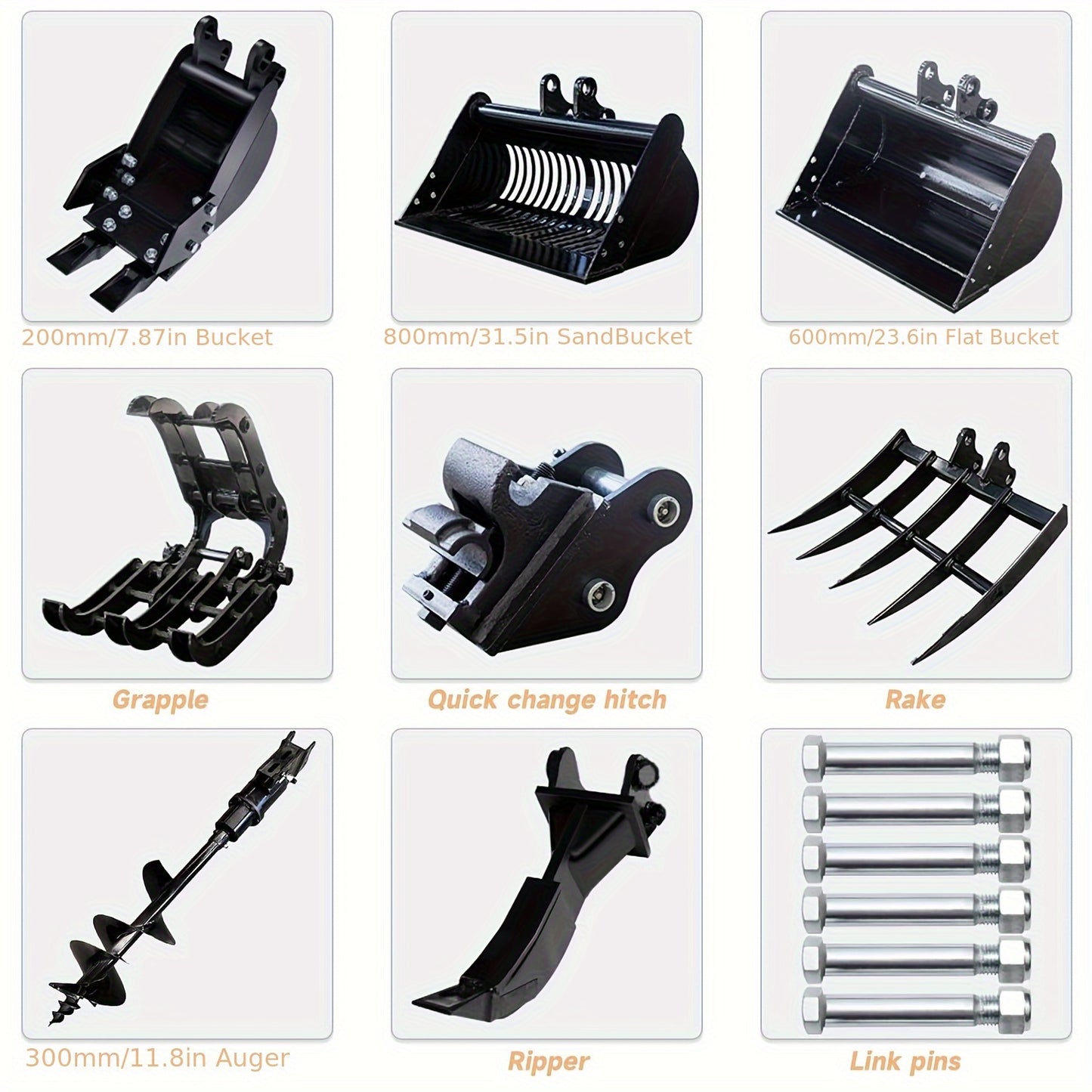 Set of 8 Mini Excavator Attachments Including Quick Hitch, Narrow Bucket, Ripper, Rake, Auger, Grapple, And Screening Bucket for Small Diggers, Available in USA Stock