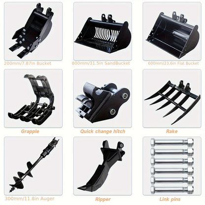 Set of 8 Mini Excavator Attachments Including Quick Hitch, Narrow Bucket, Ripper, Rake, Auger, Grapple, And Screening Bucket for Small Diggers, Available in USA Stock