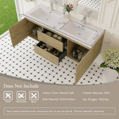 60" Modern Floating Wall-Mounted Bathroom Vanity with Double Sink - Natural Oak Wood, Large Storage & Soft-Close Drawers, One-Piece White Resin Countertop Sink, Space-Saving Design, Easy Install (Faucet/Drain Not Included)