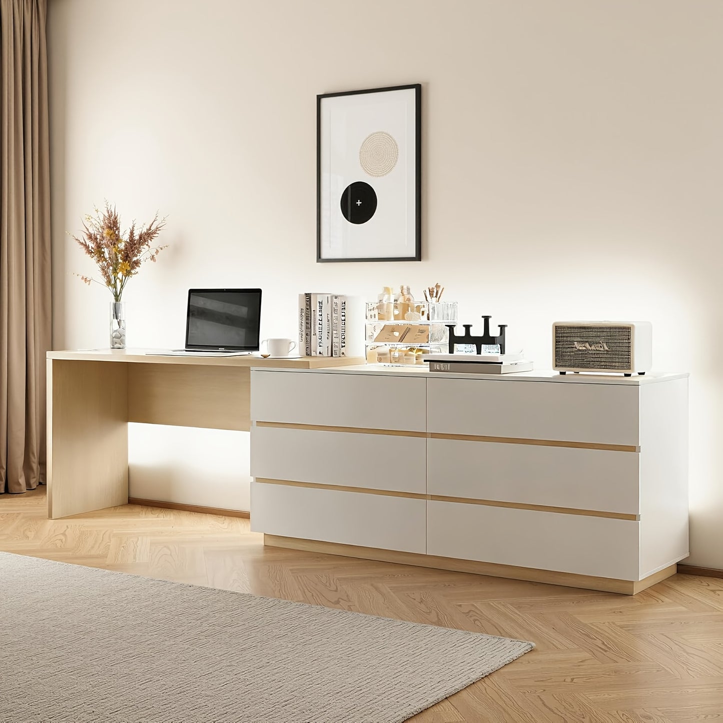 Modern Expandable Desk, 97.63-inch L-shaped Corner Computer Desk with 6 Drawers, Suitable for Home Office and Study Space, White and Khaki