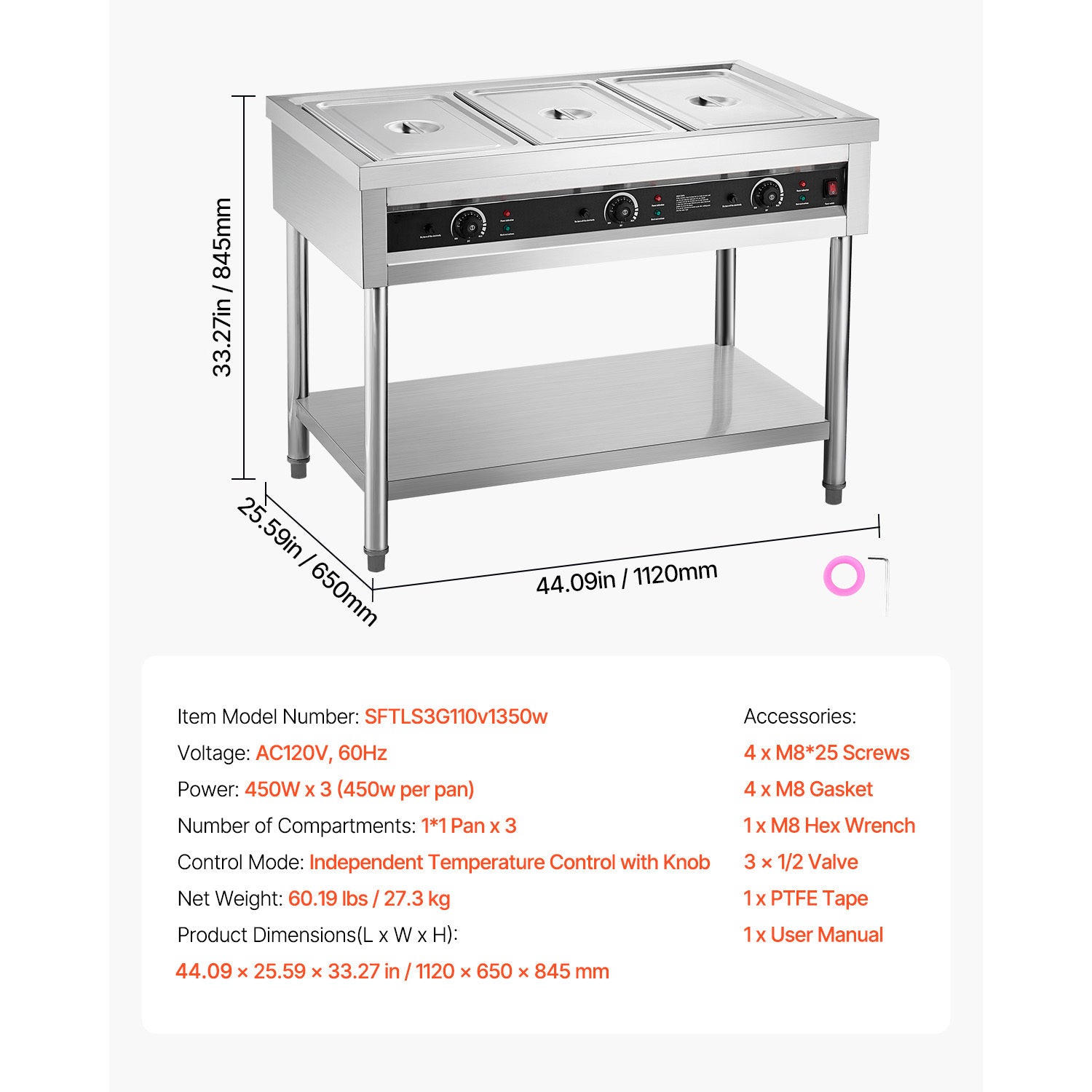 3-Pan/4-Pan/5-Pan Commercial Food Warmer Steam Table with Independent Temperature Control, 110V/220V
