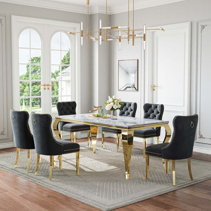 70"Modern Rectangle Faux Marble Dining Table Set for 5-7 Piece Luxury Rectangle Faux Marble Table with 4/6 Velvet Tufted Chairs - Elegant Kitchen and Dining Room Furniture, Silver/Gold Finish， Luxury Dining Table Set