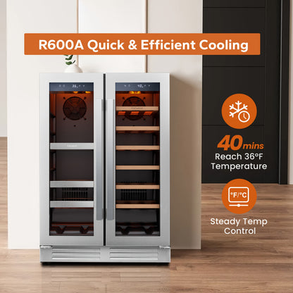 24 Inch Dual Zone Wine And Beverage Refrigerator Cooler - 60 Can And 20 Bottle LED Beverage Fridge - US 115V & Wine Refrigerator with 34°F -54°F Temperature Control, Beverage Cooler Built In Or Freestanding, Perfect for Home/Kitchen(4.10 Cu.ft)