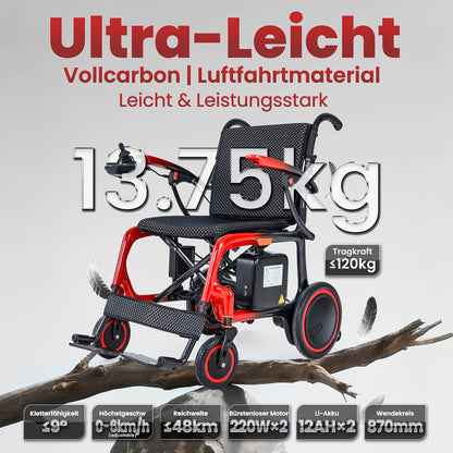 Foldable Carbon Fiber Electric Wheelchair Weighs 30.31 LB, Has a Maximum Load of 264.55 LB, And Comes with a 24AH Battery (2*12), with a Range of 48 Km. It Comes with a Backpack, Dust Cover, And a Double-Layer Thickened Anti-Bedsore Cushion