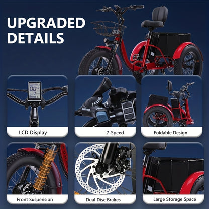 700W Foldable Electric Tricycle for Adults, 48V 15AH Removable Battery, Max Speed 20 Mph, 20" X 4.0" Fat Tire Electric Trike, 7-Speed Electric Trike for Adults,
