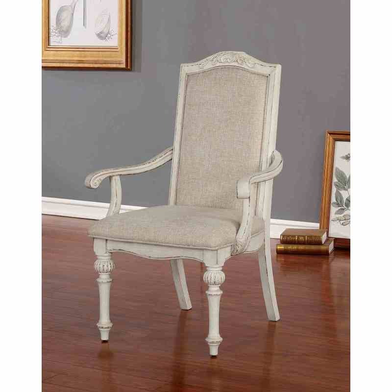 Antique White Dining Room 9pcs Set Table W/ Leaf And 6X Side Chairs 2X Arm Chairs Ivory Fabric Upholstered Seat