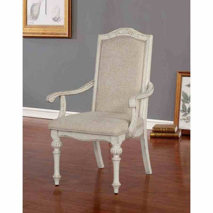 Antique White Dining Room 9pcs Set Table W/ Leaf And 6X Side Chairs 2X Arm Chairs Ivory Fabric Upholstered Seat