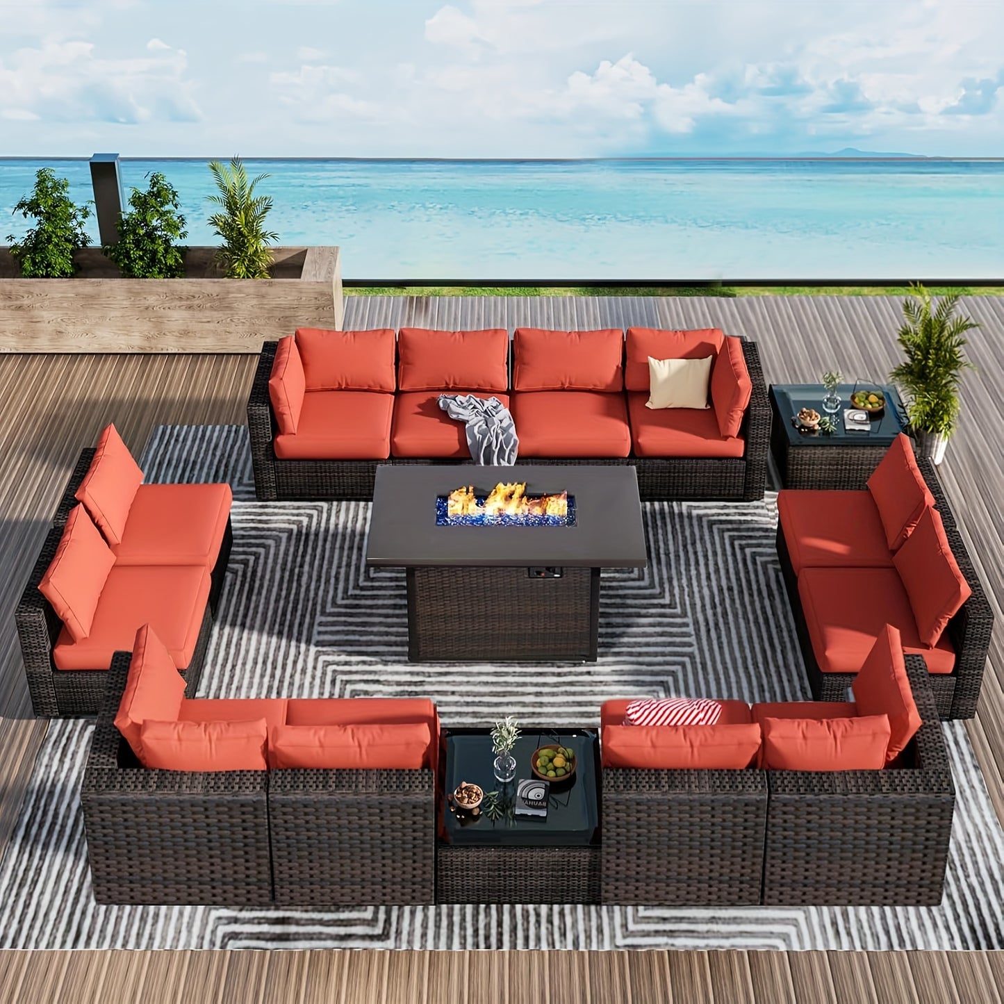 15pcs Patio Furniture Sectional Sofa with Fire Pit Table, Outdoor PE Rattan Patio Conversation Set with Glass Coffee Tables And Cushions for Garden, Poolside, Backyard
