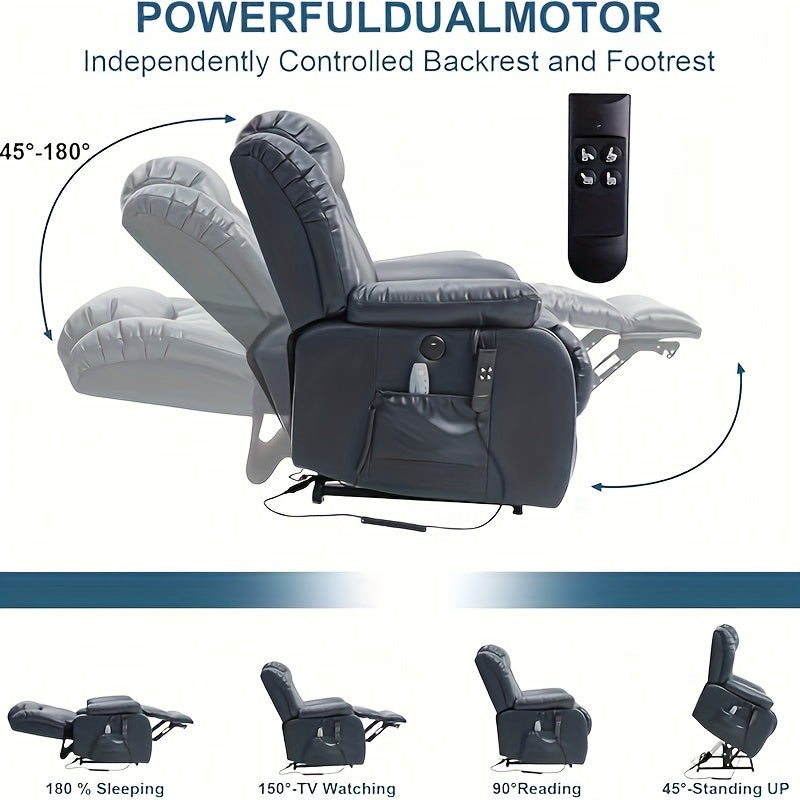 Dual Motor Lay Flat Power Lift Recliner Chair For Elderly Armchair Adjustable Breathable Leather Sofa Chair With Massage And Heating For Living Room Infinite Position Lift Recliner (Navy Blue)