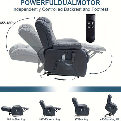 Dual Motor Lay Flat Power Lift Recliner Chair For Elderly Armchair Adjustable Breathable Leather Sofa Chair With Massage And Heating For Living Room Infinite Position Lift Recliner (Navy Blue)