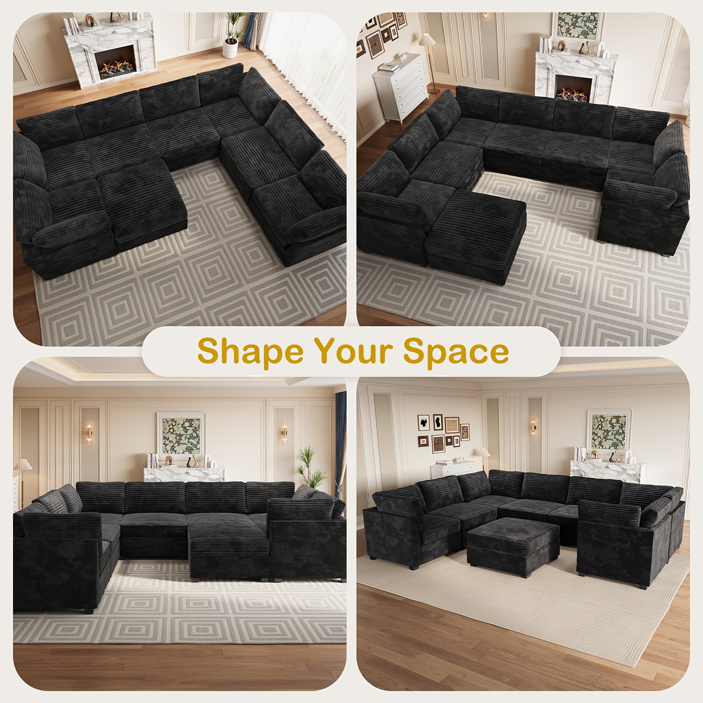 Oversized 130-Inch Plush Cound Sectional Sofa with Ottoman, 8pcs Luxurious U-Shaped Couch for Living Room, Comfortable Deep Seating and Soft Long-Pile Fabric Upholstery for Family and Friends