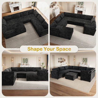 Oversized 130-Inch Plush Cound Sectional Sofa with Ottoman, 8pcs Luxurious U-Shaped Couch for Living Room, Comfortable Deep Seating and Soft Long-Pile Fabric Upholstery for Family and Friends