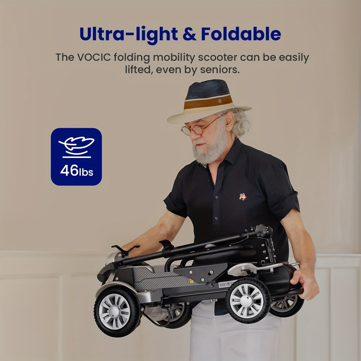 Lightweight Electric Mobility Scooter with Four Wheels, Designed for Seniors, Featuring a Foldable Carbon Fiber Frame And a Comfortable