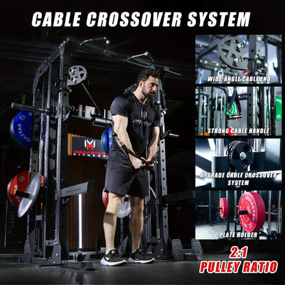 Smith Machine for Home Gym - 2000lbs Capacity All-in-One Power Rack with Cable Crossover, Pull-Up Bar & Dip Station, Includes 18 Attachments