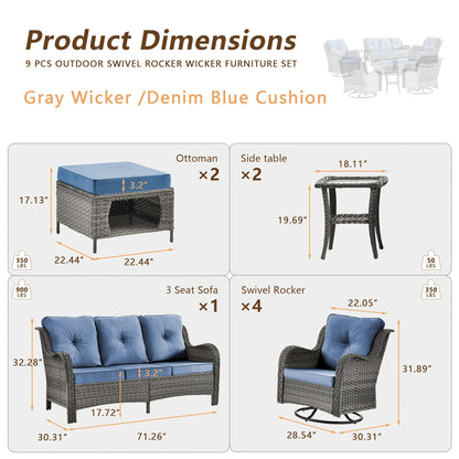 9pcs Outdoor Rattan Furniture Set Made from All-Weather Materials, Featuring 360° Swivel Rocking Chairs, a Sofa, Ottomans, And a Tempered Glass Side Table. This High-Quality Wicker Is Built to Last