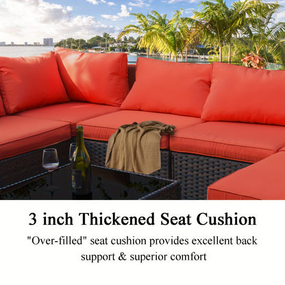 15pcs Patio Furniture Sectional Sofa with Fire Pit Table, Outdoor PE Rattan Patio Conversation Set with Glass Coffee Tables And Cushions for Garden, Poolside, Backyard