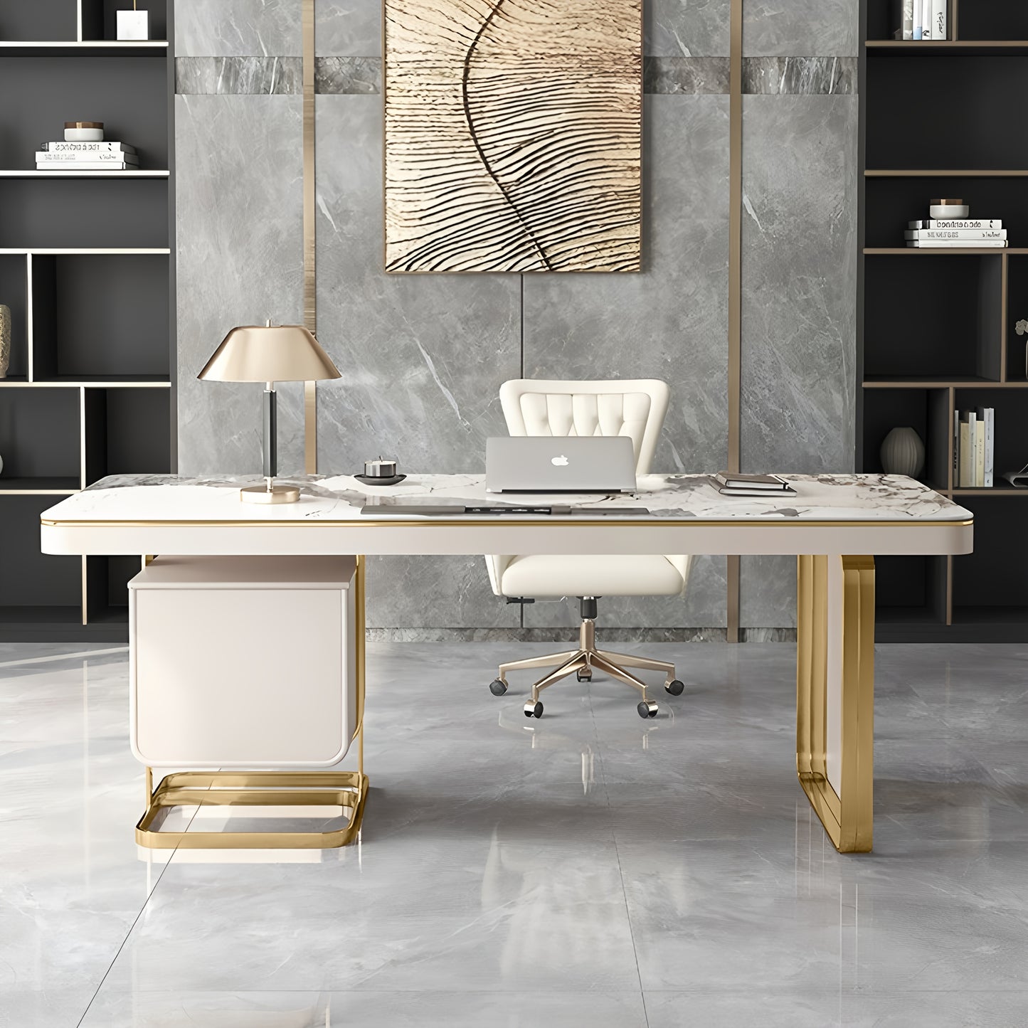 Luxury Marble Top Desk with Golden Frame - Modern Minimalist Writing Table Suitable for Home Office, Study Room, Bedroom, Marble Tabletop & Golden Frame, Assembly, Space-Saving for Small Spaces, Assembly Required