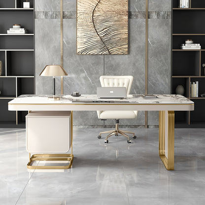 Luxury Marble Top Desk with Golden Frame - Modern Minimalist Writing Table Suitable for Home Office, Study Room, Bedroom, Marble Tabletop & Golden Frame, Assembly, Space-Saving for Small Spaces, Assembly Required