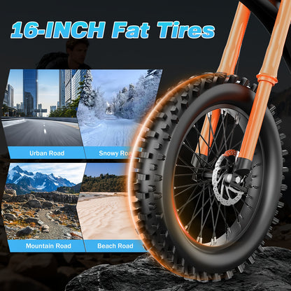 GT16 Electric Bike for Adults, 749W Peak Motor, 27.9MPH Max Speed, 48V 25A Removable Battery, Up to 75 Miles Long Range, LED Headlight & Taillight, 16" Tire Off-Road E-Bike
