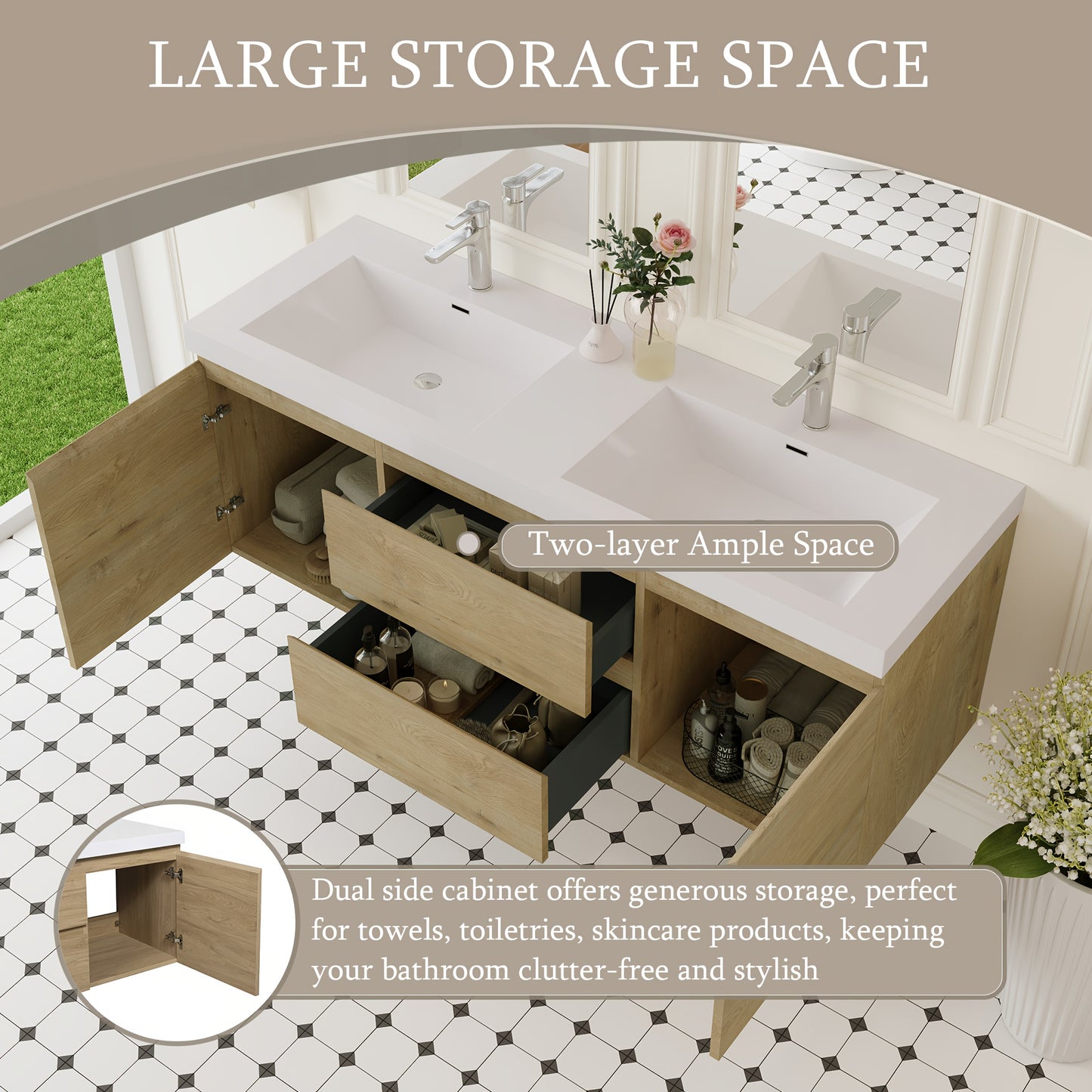 60" Modern Floating Wall-Mounted Bathroom Vanity with Double Sink - Natural Oak Wood, Large Storage & Soft-Close Drawers, One-Piece White Resin Countertop Sink, Space-Saving Design, Easy Install (Faucet/Drain Not Included)