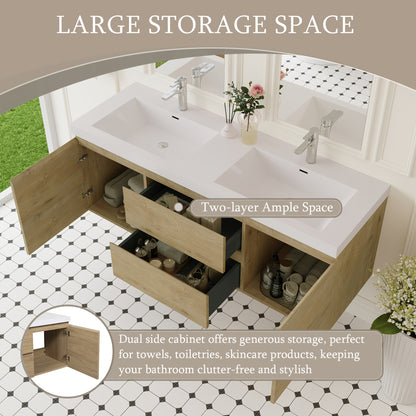 60" Modern Floating Wall-Mounted Bathroom Vanity with Double Sink - Natural Oak Wood, Large Storage & Soft-Close Drawers, One-Piece White Resin Countertop Sink, Space-Saving Design, Easy Install (Faucet/Drain Not Included)