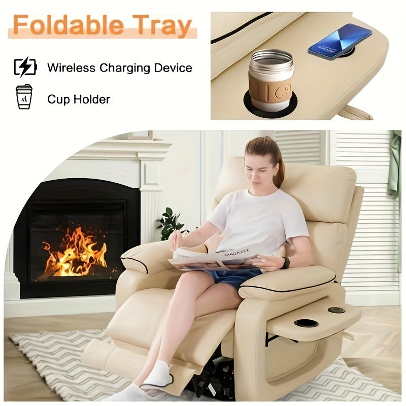 Infinite Position Electric Lift Recliner with Wireless Charger and Cup Holder, Vibration Massage and Heating, Genuine Faux Leather, Beige, Brown Silvery Gray Color Optional