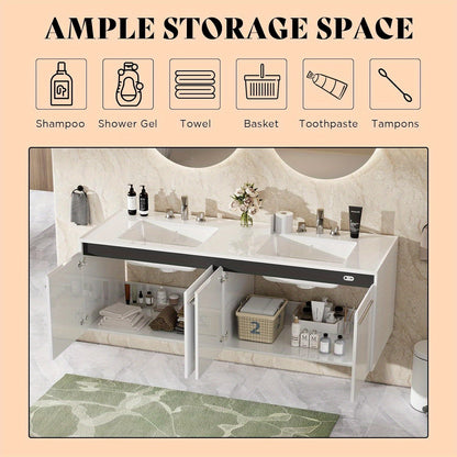 LED Floating Bathroom Double Vanity with Sink Combo, Modern High Gloss Wall Mounted Bathroom Storage Cabinet with 3 Hole Sink&& Metal Handles& Soft Closing Doors