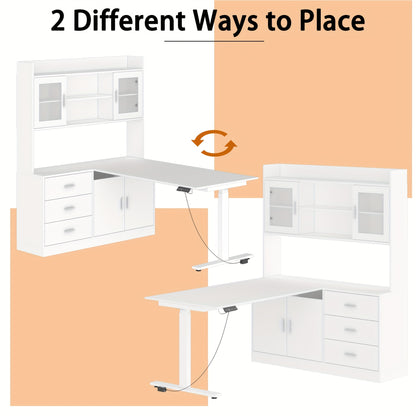 Electric Height Adjustable Computer Desk With 3 Drawers, 1 Cabinet & 2 Open Shelves, L-shaped Computer Desk With Glass Doors & Open Counter, Study Writing Table, For Office, White