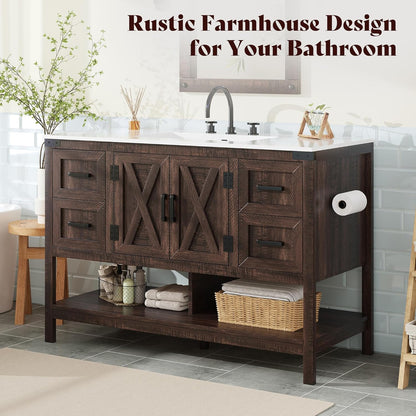 48 Inch Modern Farmhouse Bathroom Vanity with Barn Door Cabinet & 4-Drawer Storage - & Wood Tone Freestanding Sink Unit, Engineered Wood/MDF Suitable for Bathrooms