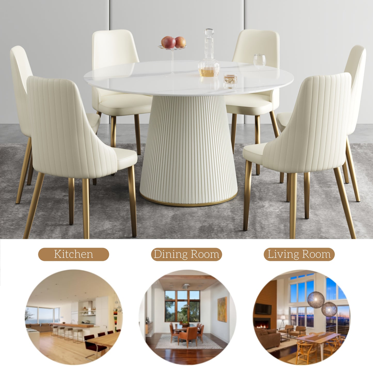 53" Circular Dining Table Suitable for 6-8 People (Table Only, Chairs Not Included), Perfect for Dining Rooms Or Kitchens, Featuring a Glossy Sintered Stone Top And a Beige Solid Wood Base, Ideal for Restaurants As Well