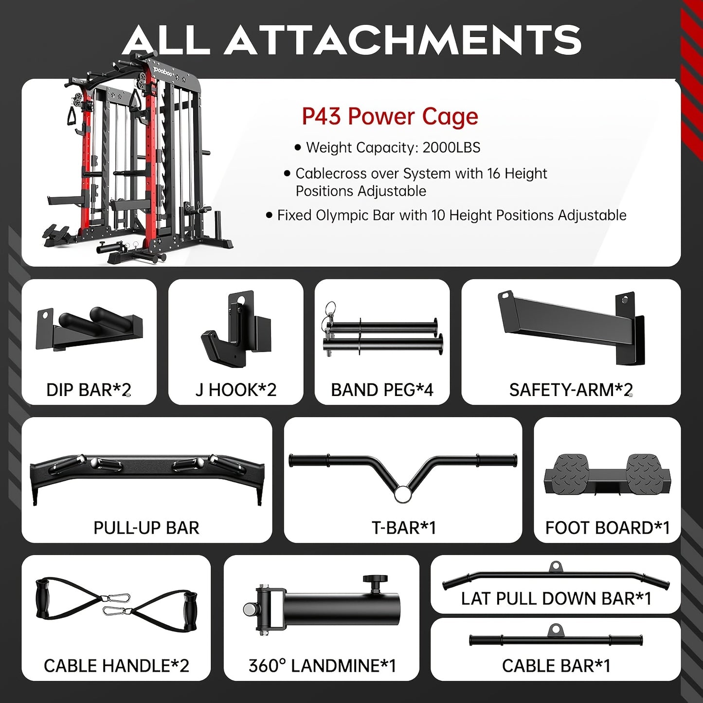 HASIMAN Multi-Functional Power Rack Cage with 2000 Pounds Capacity, LAT Pull Down J-Hooks, Dip Bars, T-Bar, Cable Handles And Other Attachments, Home Gym Exercise Machine, Comprehensive Workout Equipment