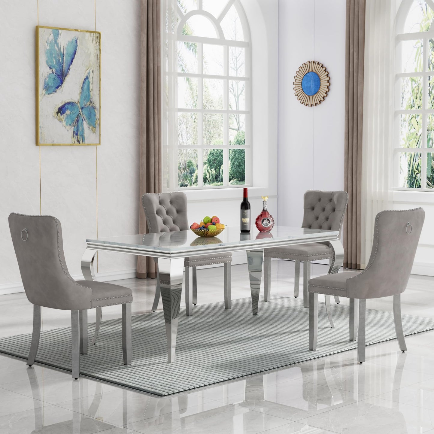 70"Modern Rectangle Faux Marble Dining Table Set for 5-7 Piece Luxury Rectangle Faux Marble Table with 4/6 Velvet Tufted Chairs - Elegant Kitchen and Dining Room Furniture, Silver/Gold Finish， Luxury Dining Table Set