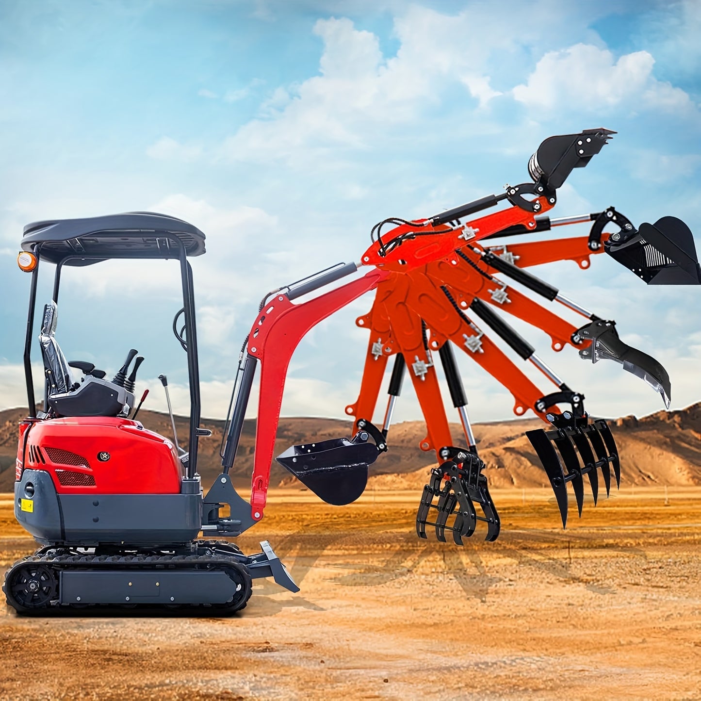 Set of 8 Mini Excavator Attachments Including Quick Hitch, Narrow Bucket, Ripper, Rake, Auger, Grapple, And Screening Bucket for Small Diggers, Available in USA Stock