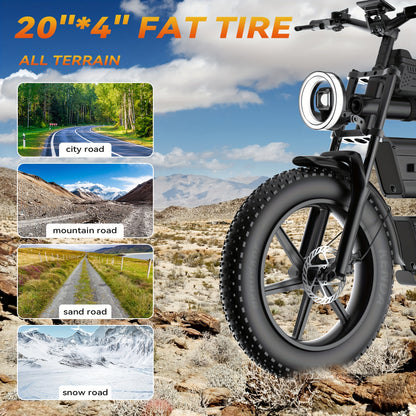Electric Dirt Bike For Adults - 60V Fast Speed Commuter EBike With 20Ah*2 Battery, 93 Mile Long Range Motorcycle, All-Terrain Fat Tires, Full Suspension, Smart Display, USB Port, Storage Bag, Hydraulic Brakes. Perfect Gift For Christmas & New Year.
