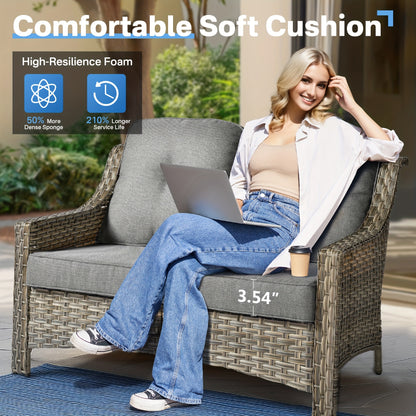 5pcs Outdoor Patio Furniture Set with 2 Swivel Chairs, 1 Outside Sofa, 1 Side Table and 1 Solar Lighting Glass Coffee Table - All-Weather Wicker Patio Conversation Set Modern Design for Garden, Deck, and Porch Decor