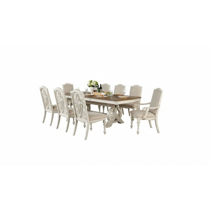 Antique White Dining Room 9pcs Set Table W/ Leaf And 6X Side Chairs 2X Arm Chairs Ivory Fabric Upholstered Seat