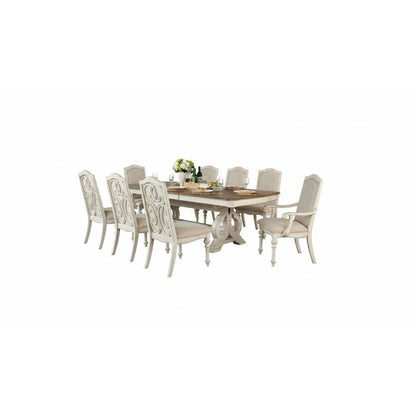 Antique White Dining Room 9pcs Set Table W/ Leaf And 6X Side Chairs 2X Arm Chairs Ivory Fabric Upholstered Seat