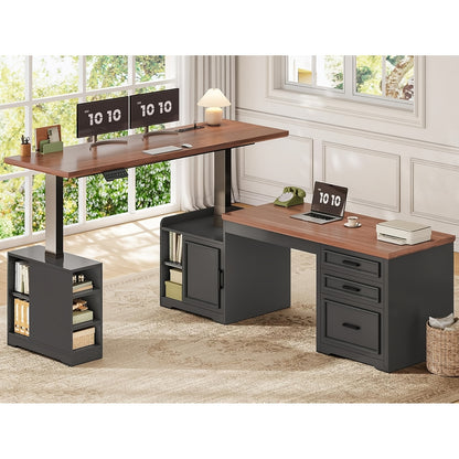 Farmhouse L Shaped Electric Standing Desk | 63" x 67" Height Adjustable, Metal, 3 Drawers and Shelves, Freestanding, Plug Powered