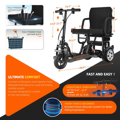 Lightweight Folding Mobility Scooter for Seniors & with 12AH, 25-Mile Range, Electromagnetic Brake - Scooter with Rear Storage, Padded & Absorption - Airline Approved (No Assembly)
