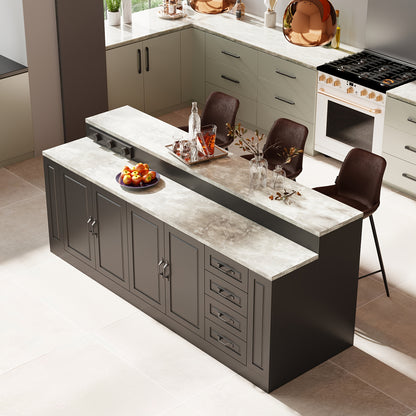 Modern 4-door Kitchen Island with 4 Spacious Drawers And 4 Shelves, Heavy-duty Kitchen Pantry Storage Cabinet with Stone Patterned Tabletop, Stationary Kitchen Table Coffee Bar Dining Table, for Dining Room, Kitchen, Stylish Design, 94, 5''L × 31, 3''D